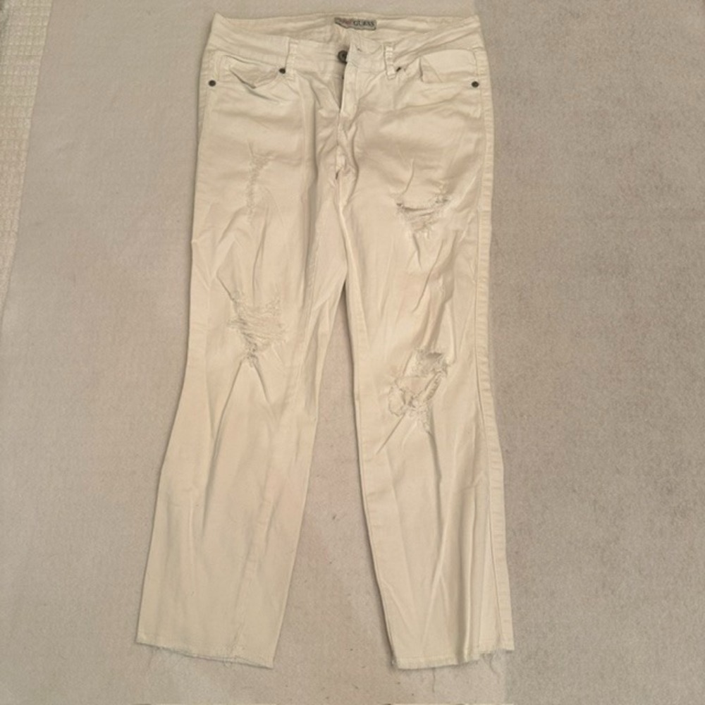 GUESS White Distressed Straight Leg Jeans Womens Size 27 Raw Hem Slim Denim 90s